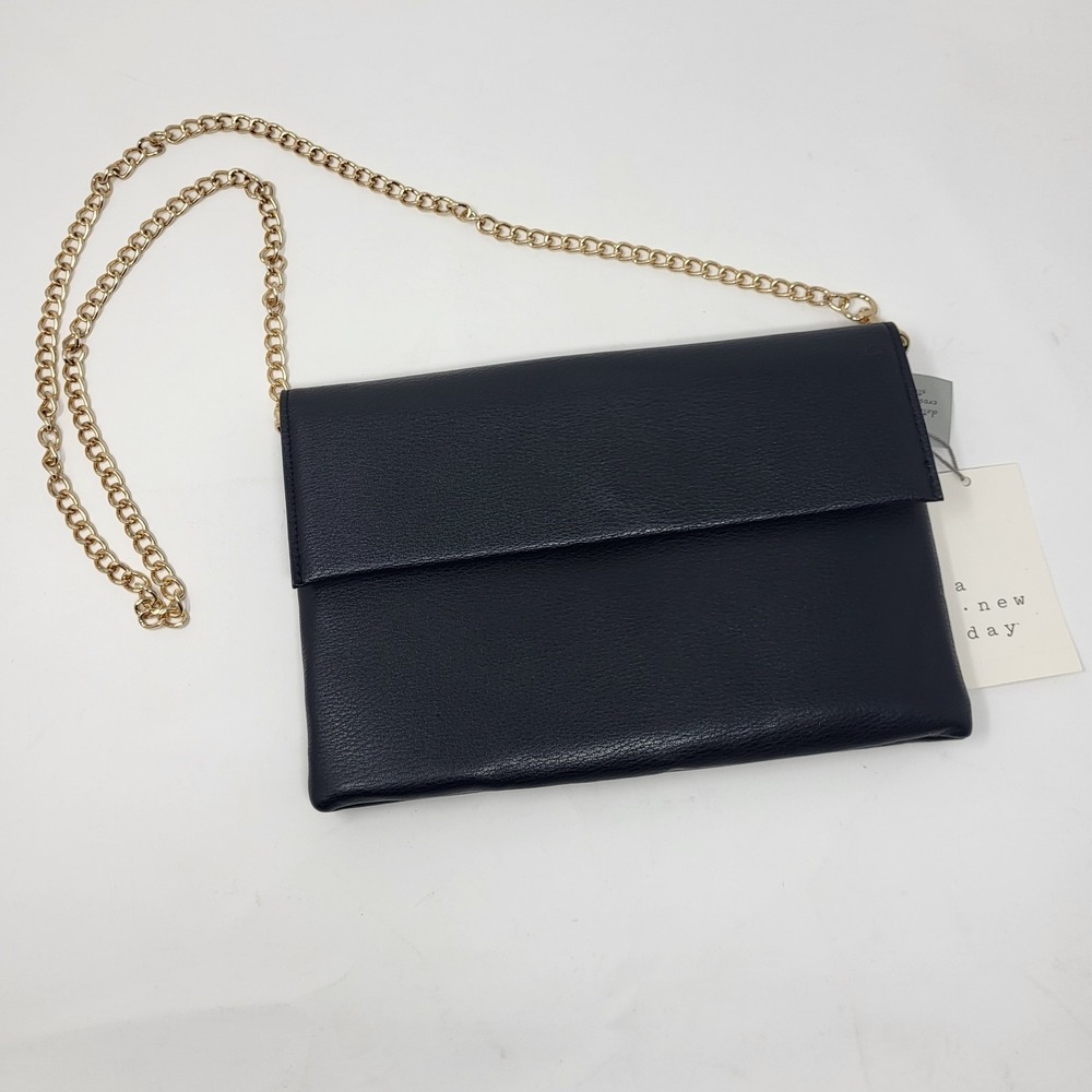 Black faux-leather A New Day Party Flap Clutch with a gold-tone chain strap